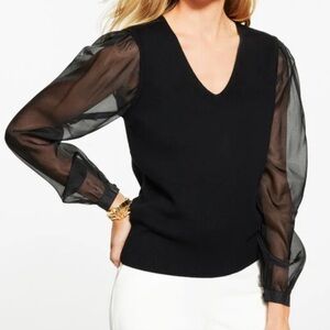Talbots Black V-Neck Sweater with Sheer Sleeves